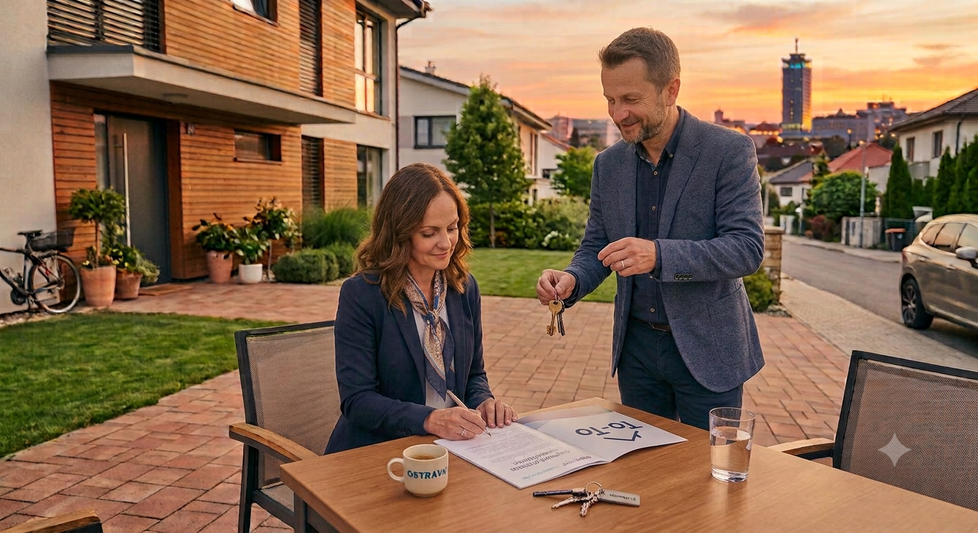 Muž a žena podepisují dokument na zahradním stole, muž drží klíče, západ slunce nad městem.