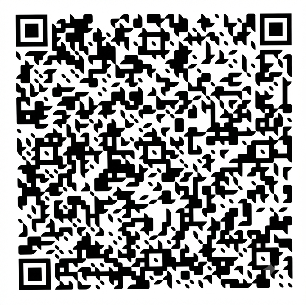 Černý QR kód na bílém pozadí, složený z nepravidelných čtverců a bloků.